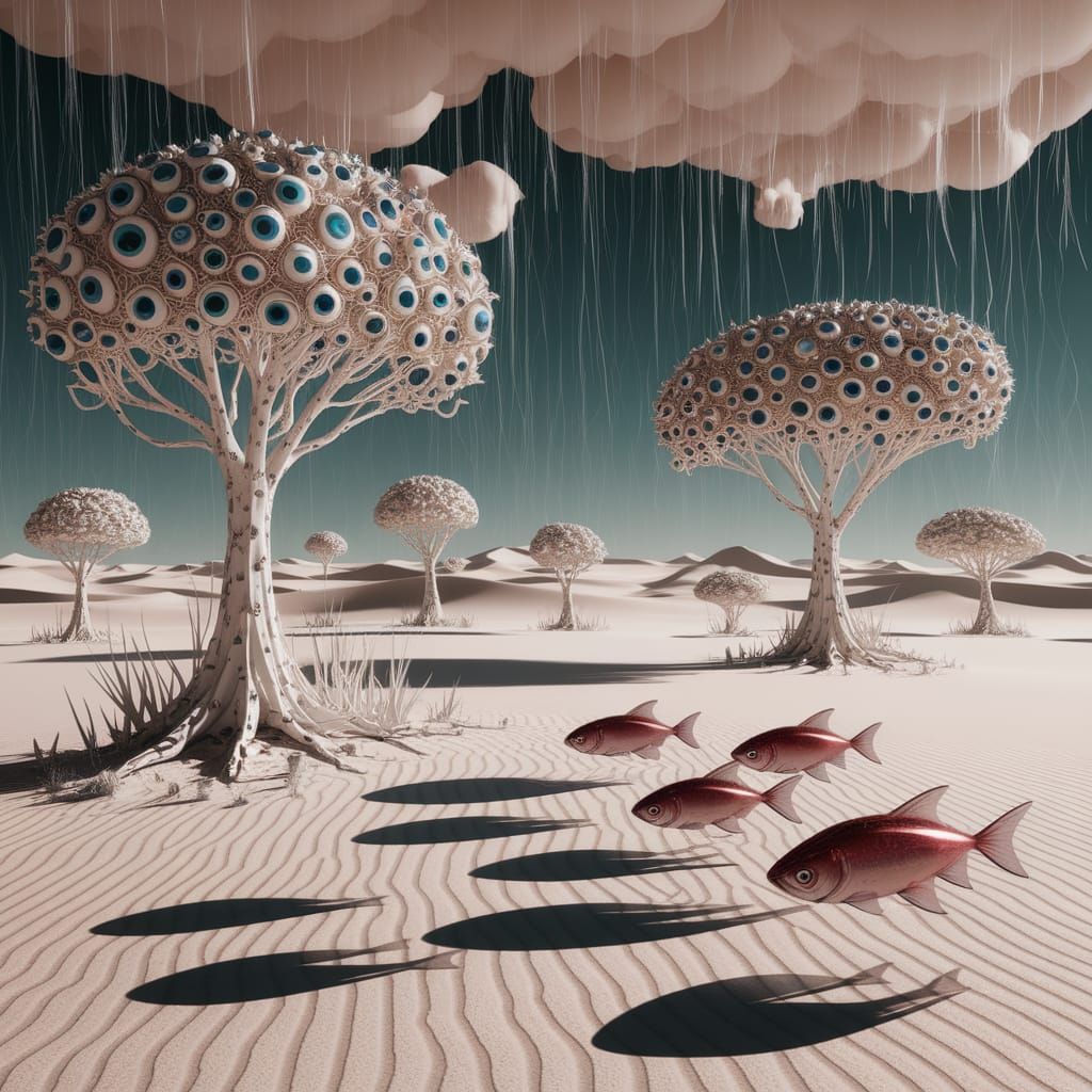 Dreamcore Desert with Blinking Trees and Swirling Fish