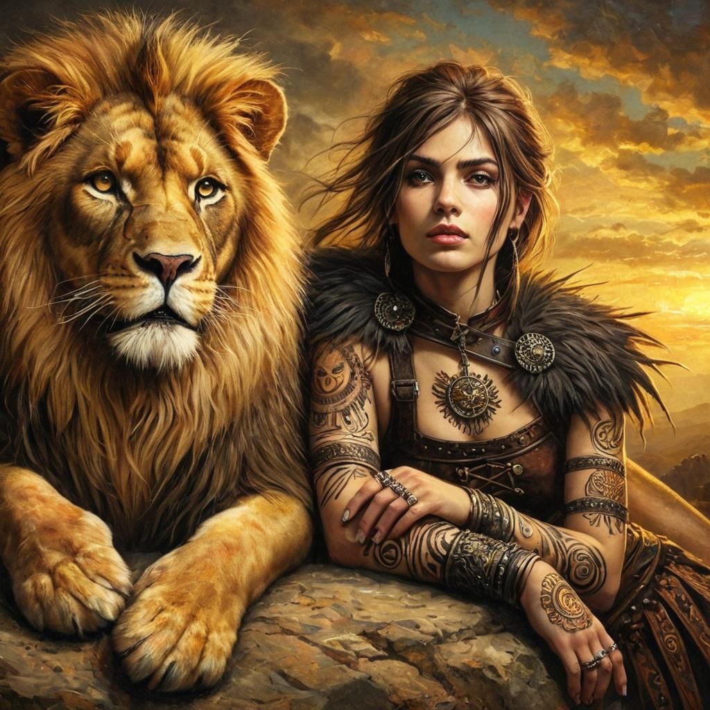 Lion and friend huntress taking stock  by @Alan Elsam