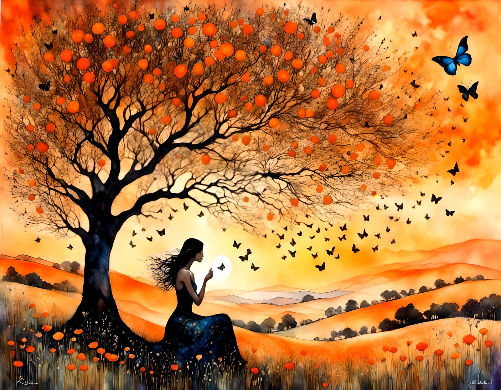 Woman Under Tree of Life at Sunset, Liquid Ink Style