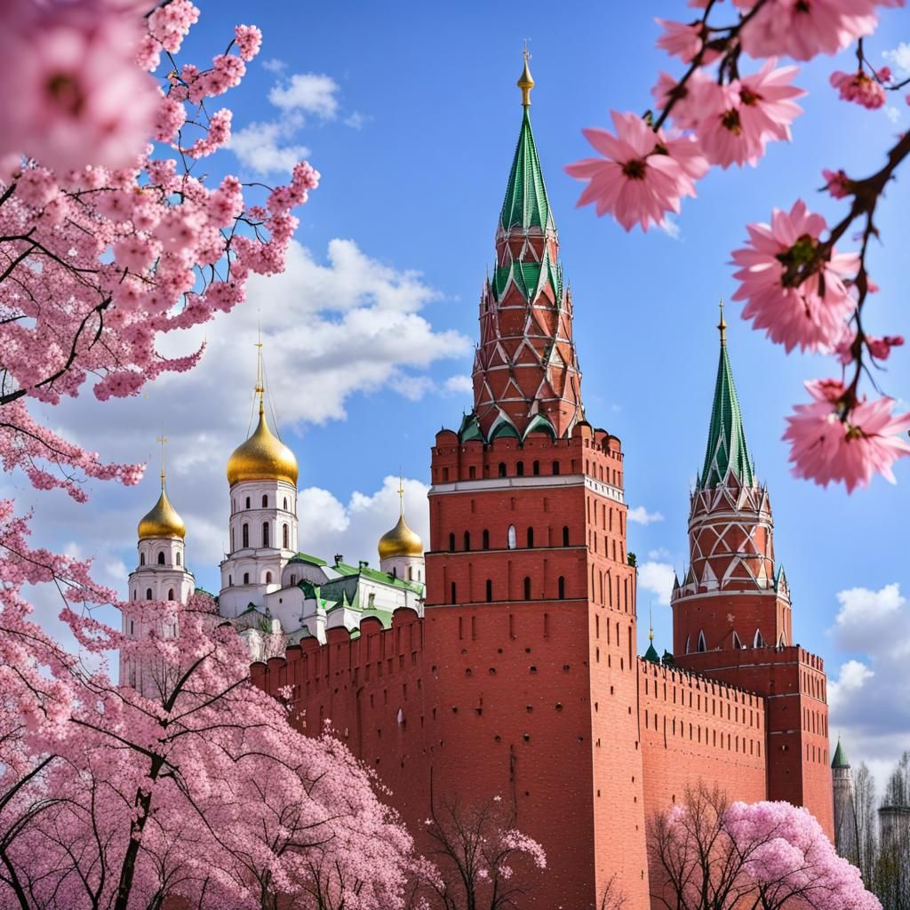 Kremlin towers in spring, Kremlin ruby stars, Sakura flowers, petals of sakura