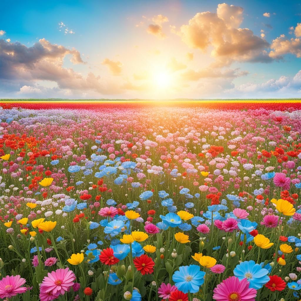 Colorful flower field, with a beautiful light blue sky