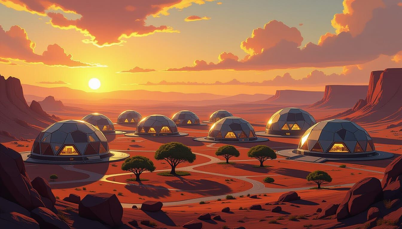 a sprawling city of large hexagonal survival domes with buildings inside and a small grove of trees with dark trunks and broad green leaves,...