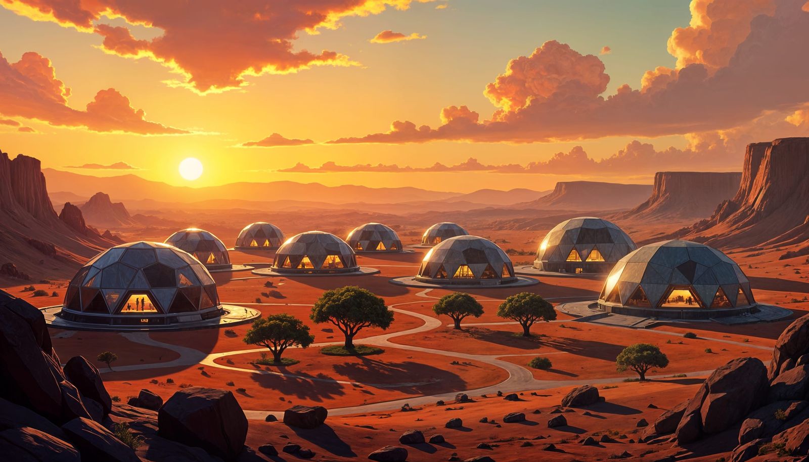 a sprawling city of large hexagonal survival domes with buildings inside and a small grove of trees with ...  by @Ed Evans