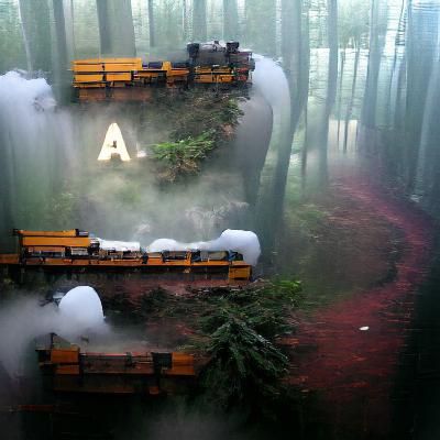 A train in the forest surrounded by fog
