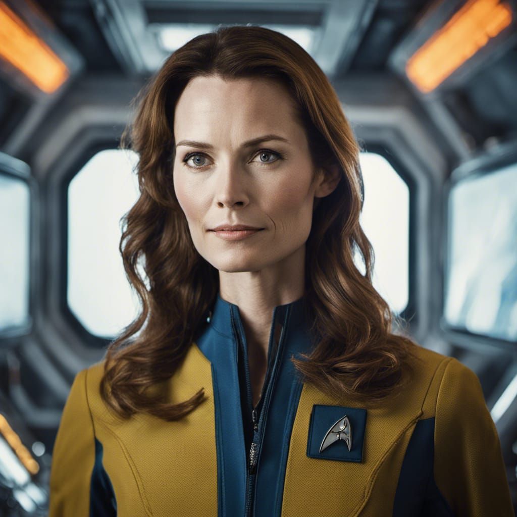 Saffron Burrows in Star Trek uniform aboard space station - AI ...