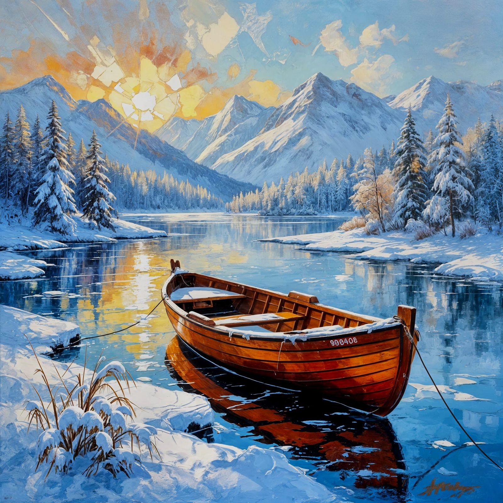 A sunset by the snowy lake 3 🏔️   by @EliArt