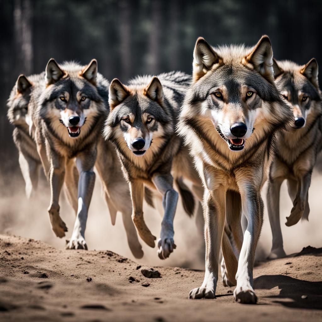 Wolf pack in arena, hyperrealistic, sharp focus, 64 megapixe...