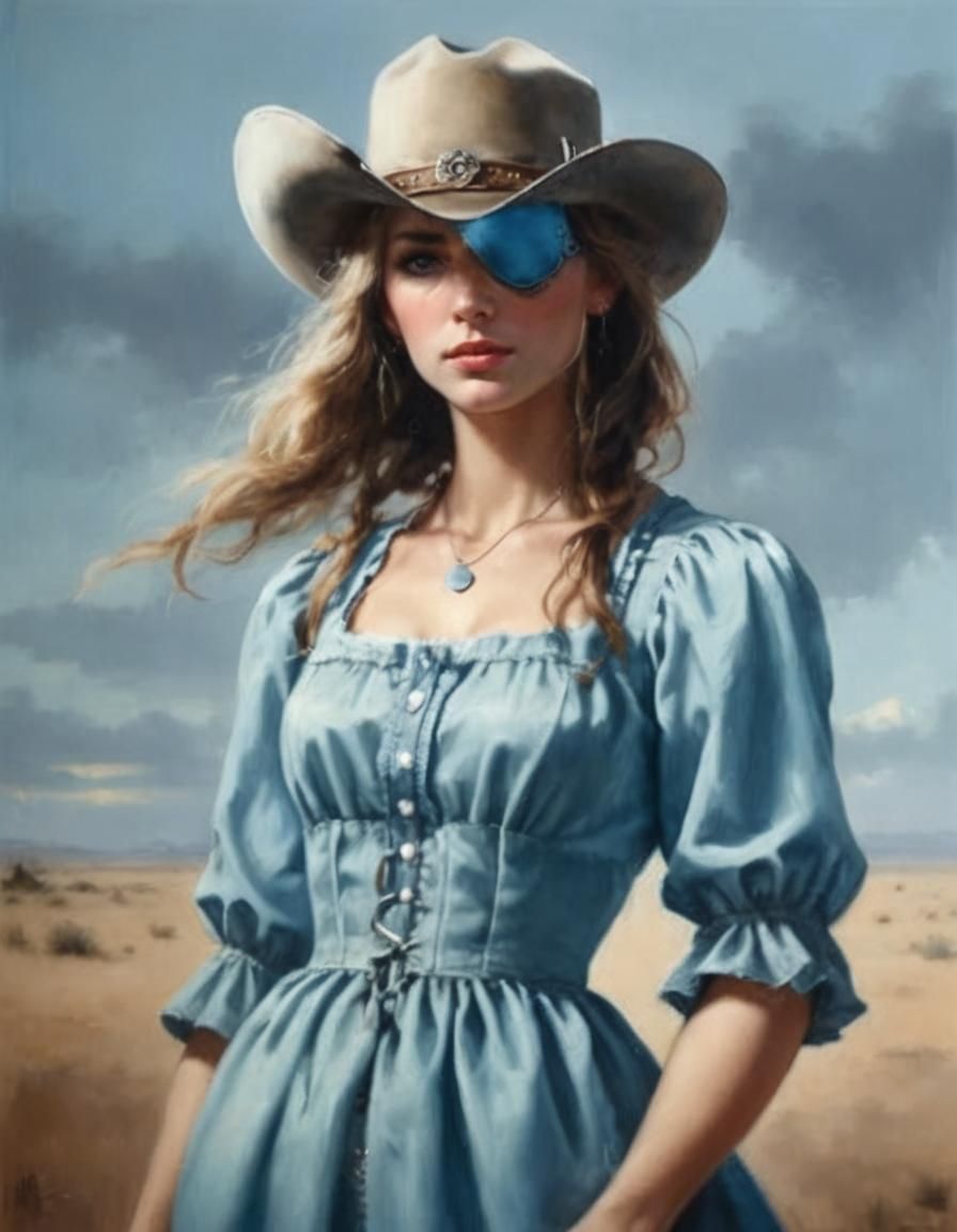 Portrait of one-eyed cowgirl wearing light blue tiered dress and eyepatch 