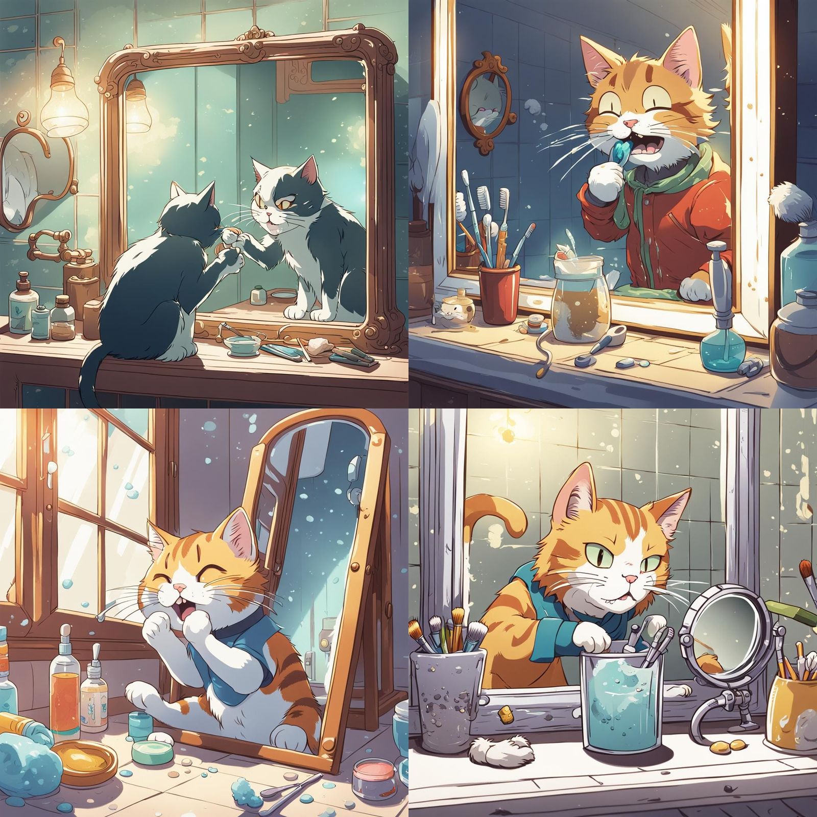 Tired cat scrubbing his teeth in a mirror