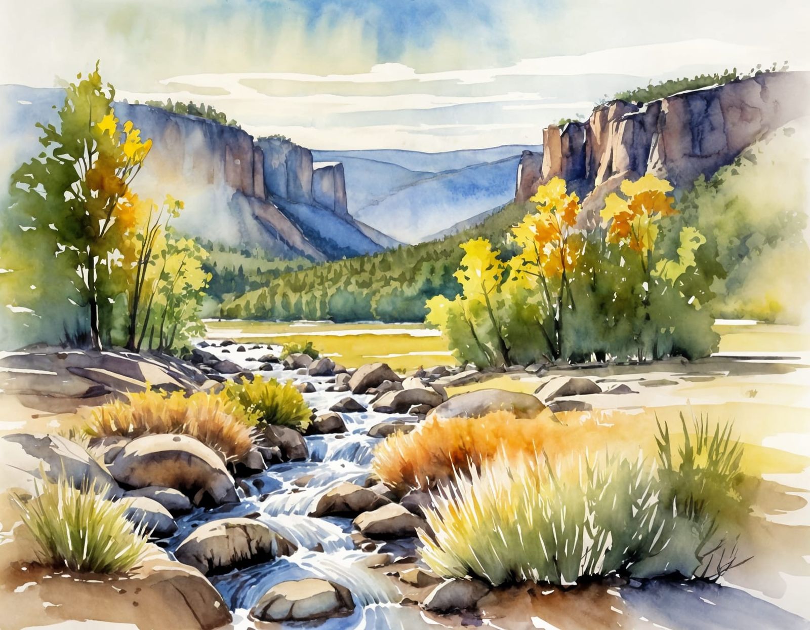 Sunlit valley, Cumberland Narrows, water color  landscape, transparent washes with wet and dry edges, ...  by @JKT