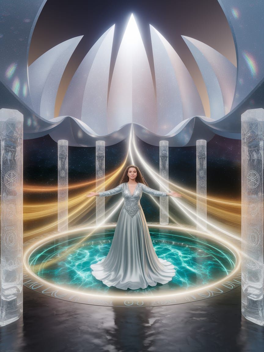 Inside a grand Lemurian crystal temple shaped like a lotus blossom, walls of translucent crystal shimmer with inner light, casting rainbow r...