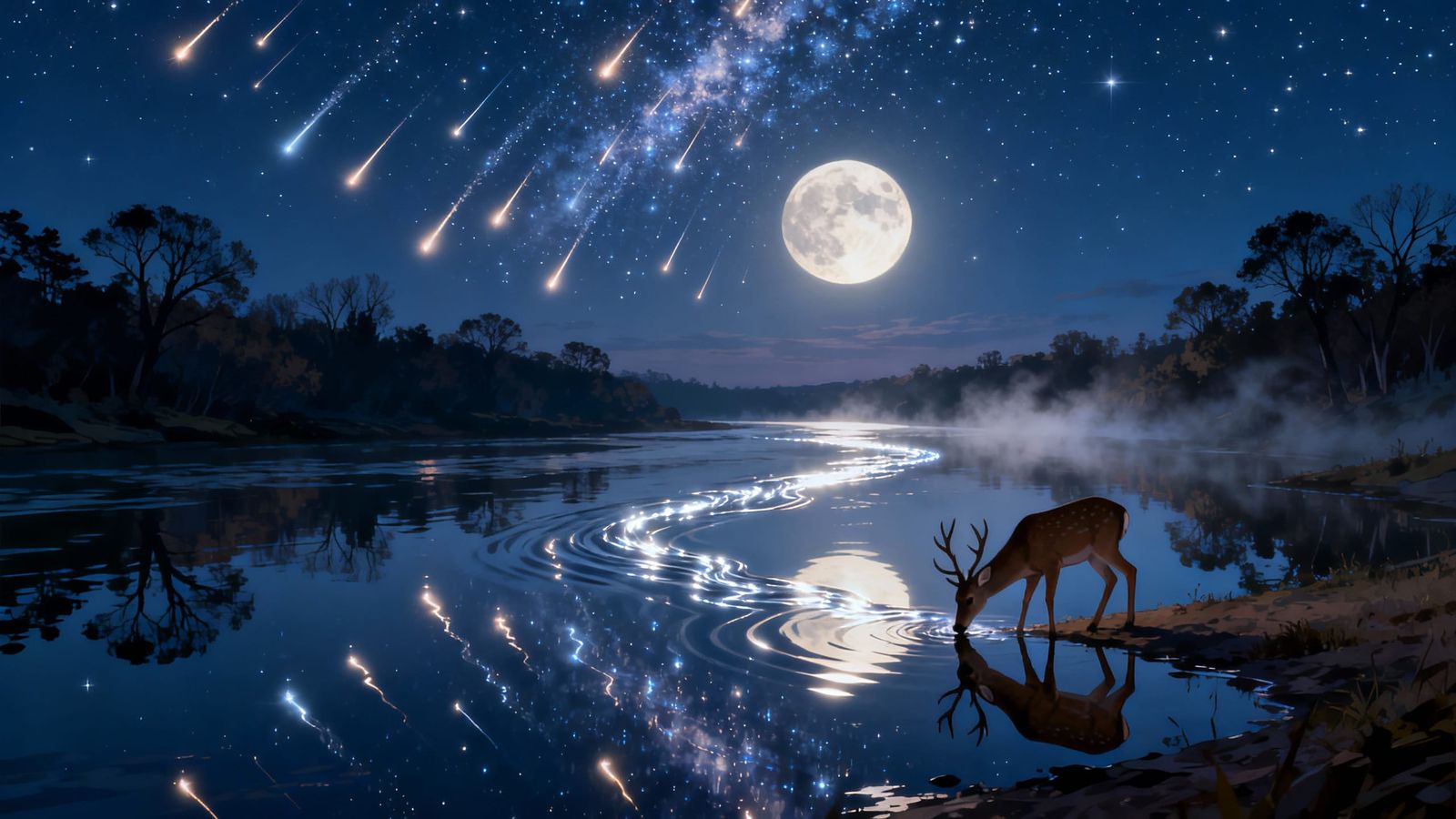 A vast, mirror-like river under a star-filled night sky, reflecting a luminous full moon and a dazzling ...  by @Jezabelcreations