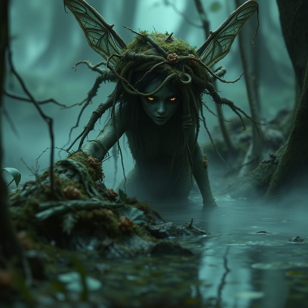 Full shot. A swamp fairy covered in moss, vines, and mud emerges from the murky depths of a bog, her ...  by @Elviira 