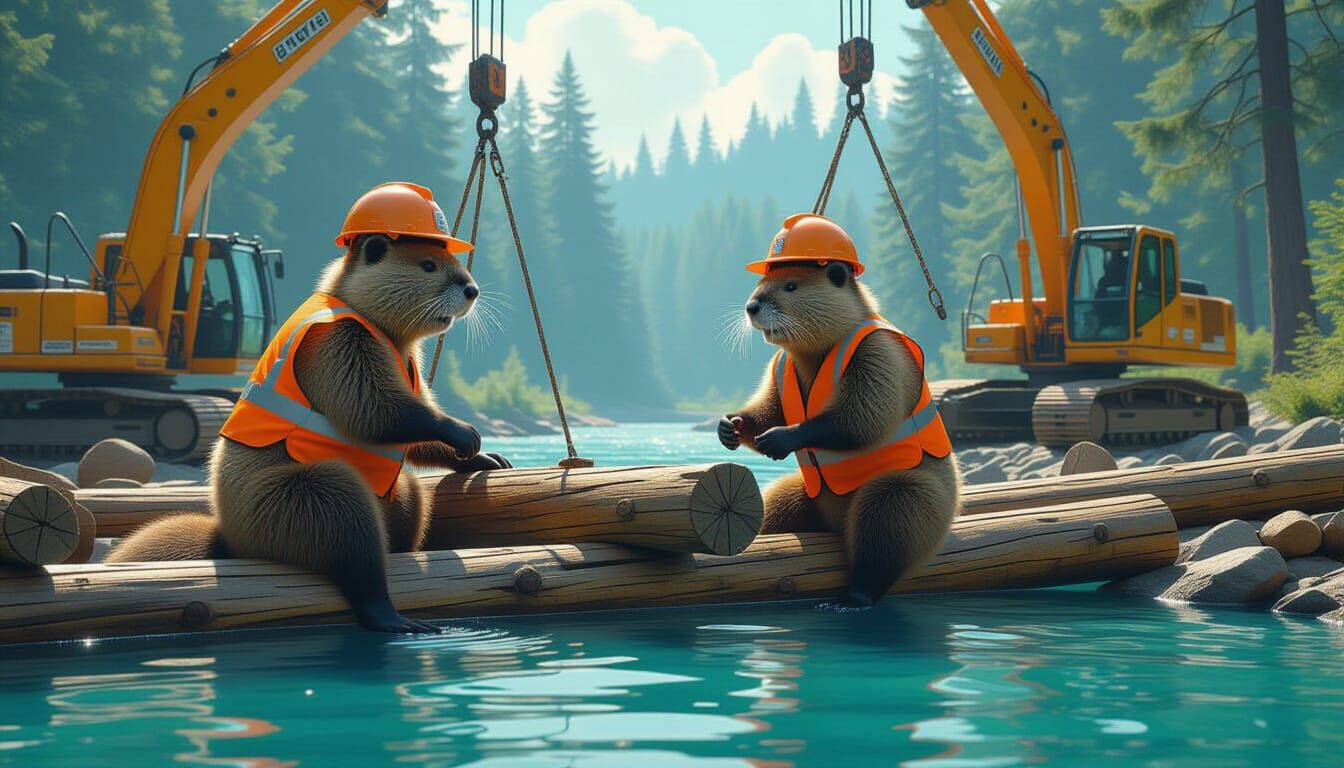we see a construction site with  team of fluffy beavers in safety helmets are building a dam, with moving logs with forest machines, using c...