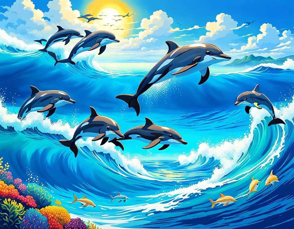 Leaping Dolphins - anime, 2 - AI Generated Artwork - NightCafe Creator