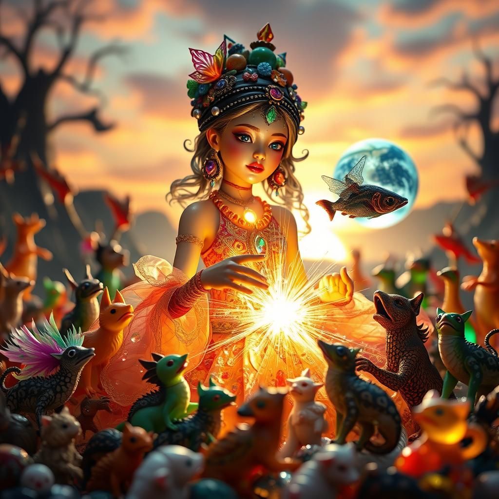 in a vivid, disorienting scene, A collection of small, color...