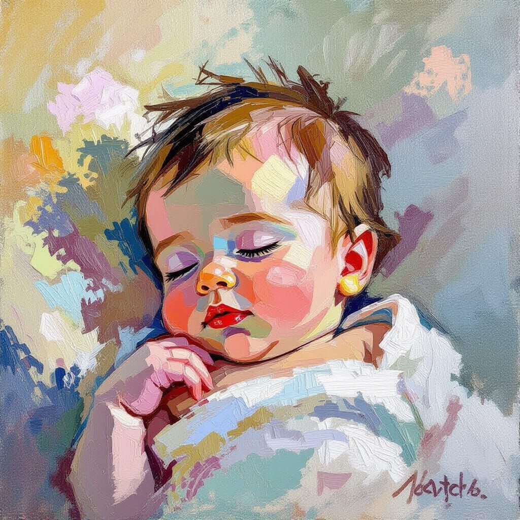 Newborn Baby Impasto Oil Painting in Neo-Impressionist Style