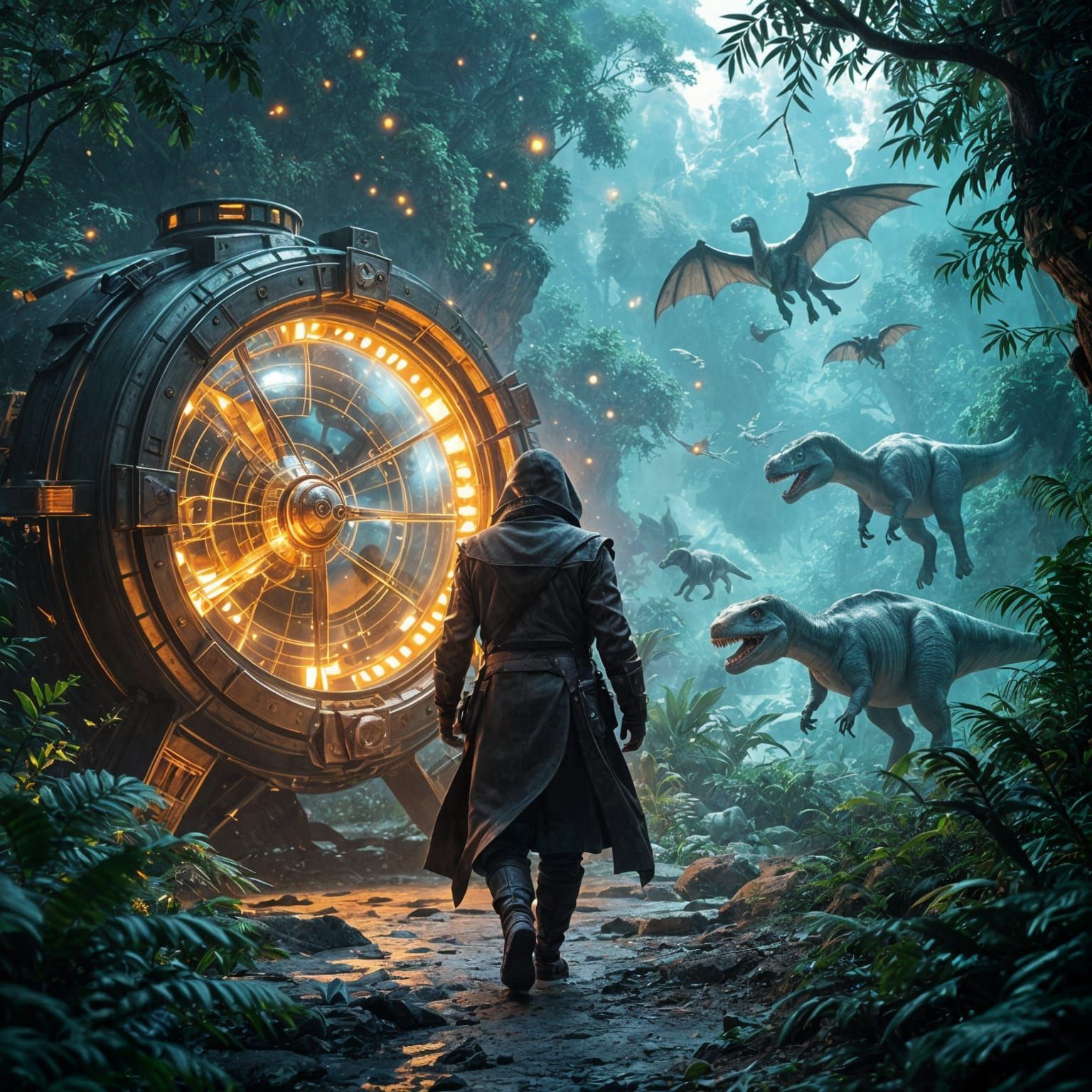 Imagine a scene where a curious scientist activates a shimmering ,ancient looking time machine stepping ...  by @fauzia