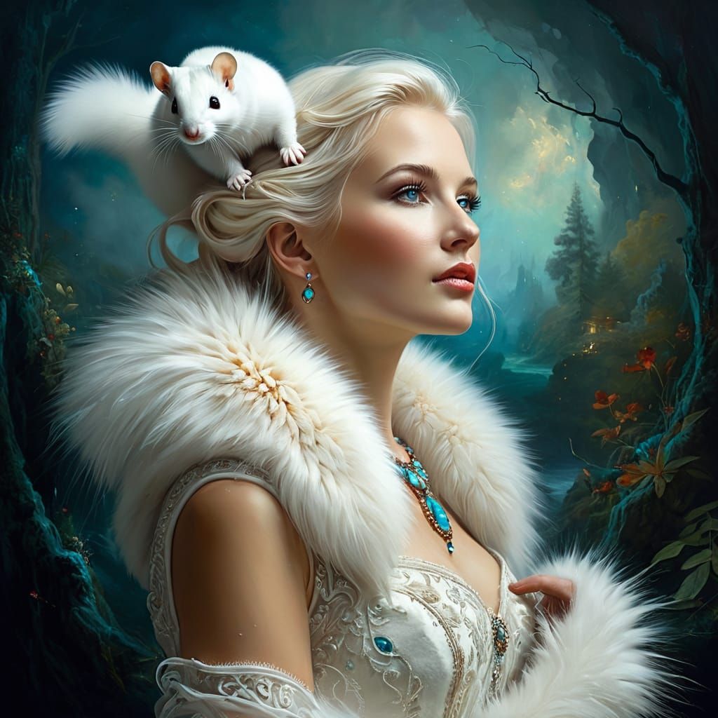Elegant white Ermine with fluffy fur