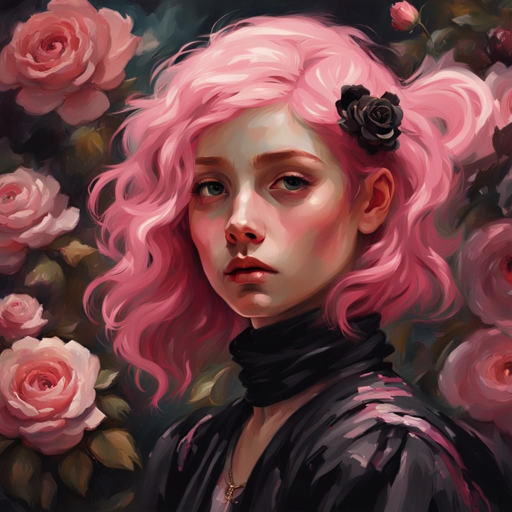 painting close up portrait of a young girl with pink hair, p...