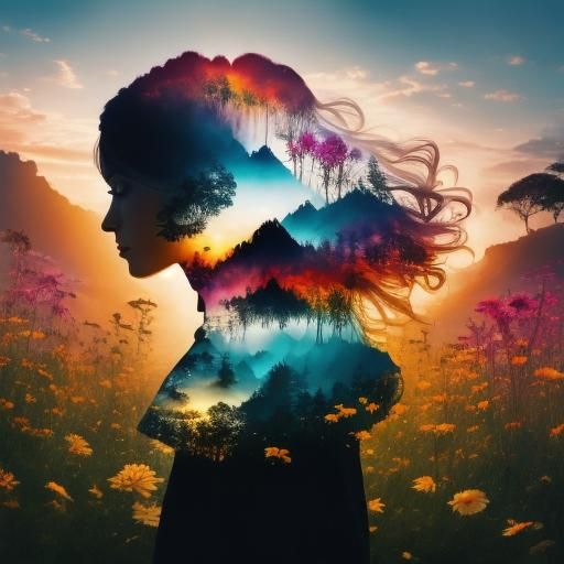 <lora:Silhouette Art AR181:1.0> Girl, sunrise, flower, Double exposure art, a photo inside the silhouette, Beautiful double exposure, Breath...