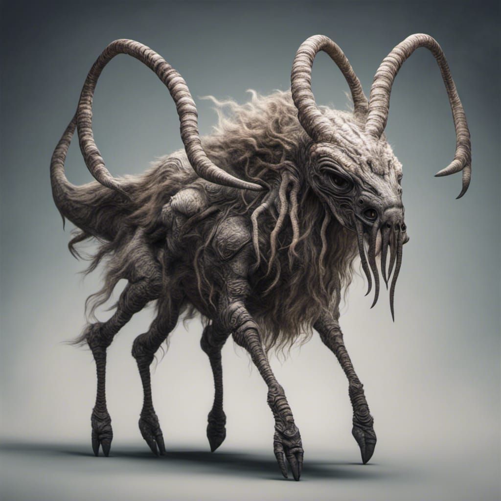 Alien animal species wiht 4 legs and super curved horns and fluffy hair ...