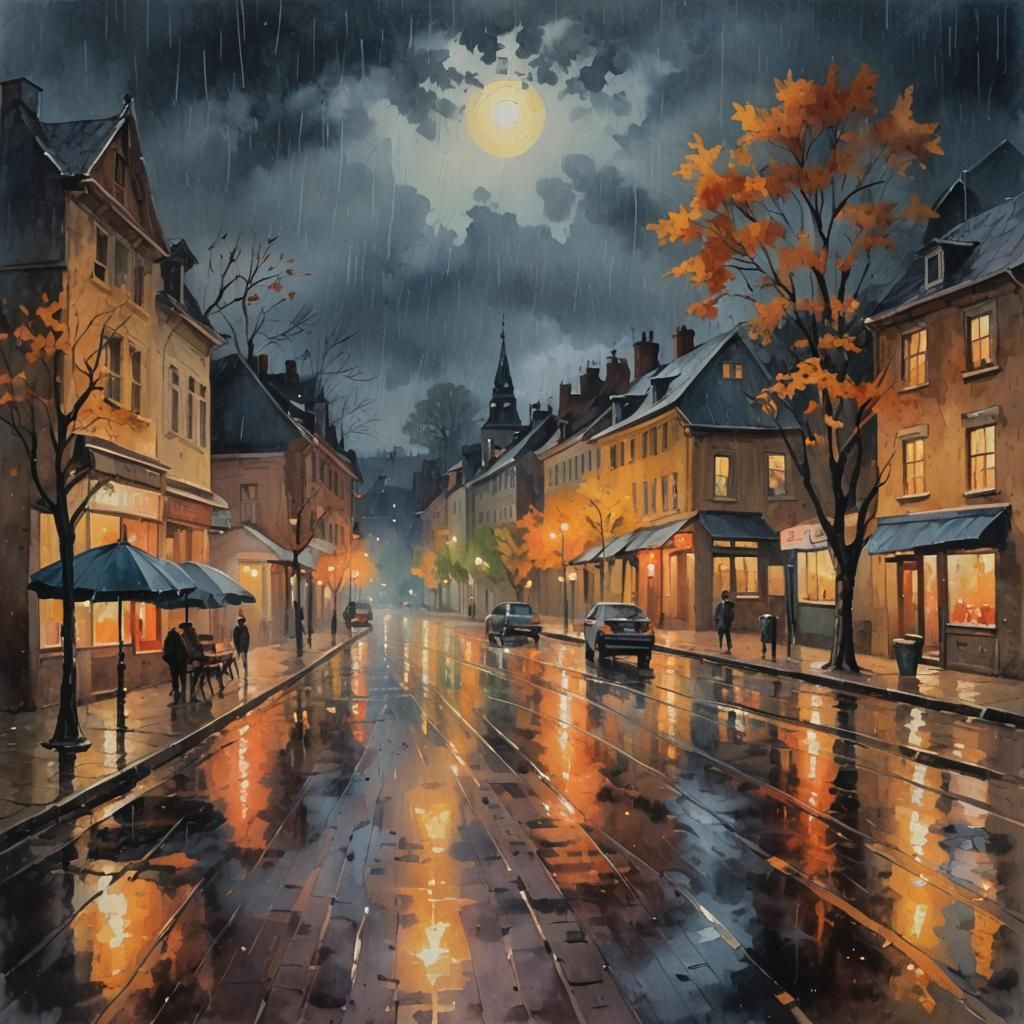 rainy fall day at night in the town in Gouache Style, Watercolor, Museum Epic Impressionist Maximalist ...  by @scarlet 