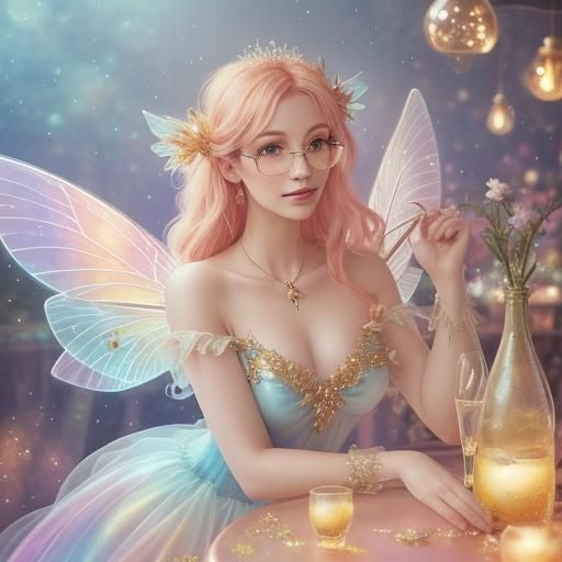 Whimsical fantasy illustration, medium shot. A fairy mixing colorful drinks in a mystical, glowing bar. Close-up. Dreamy bokeh and soft focu...