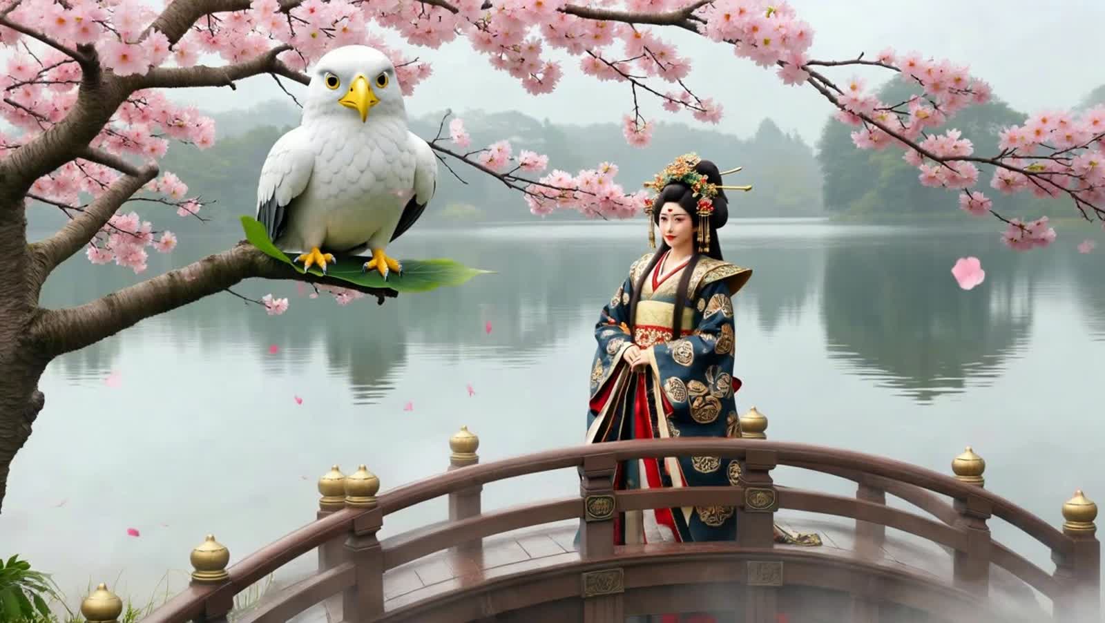 A solitary geisha, adorned in an ornate kimono patterned with ancient symbols, stands on a mist-shrouded bridge overlook...