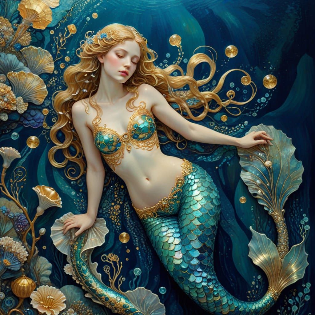 Mermaid reclining on a moonlit reef
