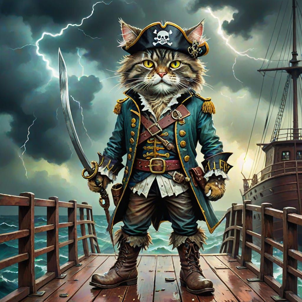 A cat as a pirate ship captain  by @dhee noerd