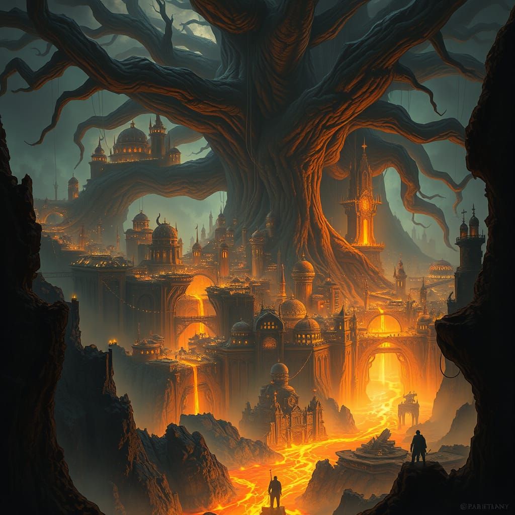 A bustling, multi-layered city built into the side of a colossal, ancient tree, illuminated by gaslight and arcane energy. Below, a river of...