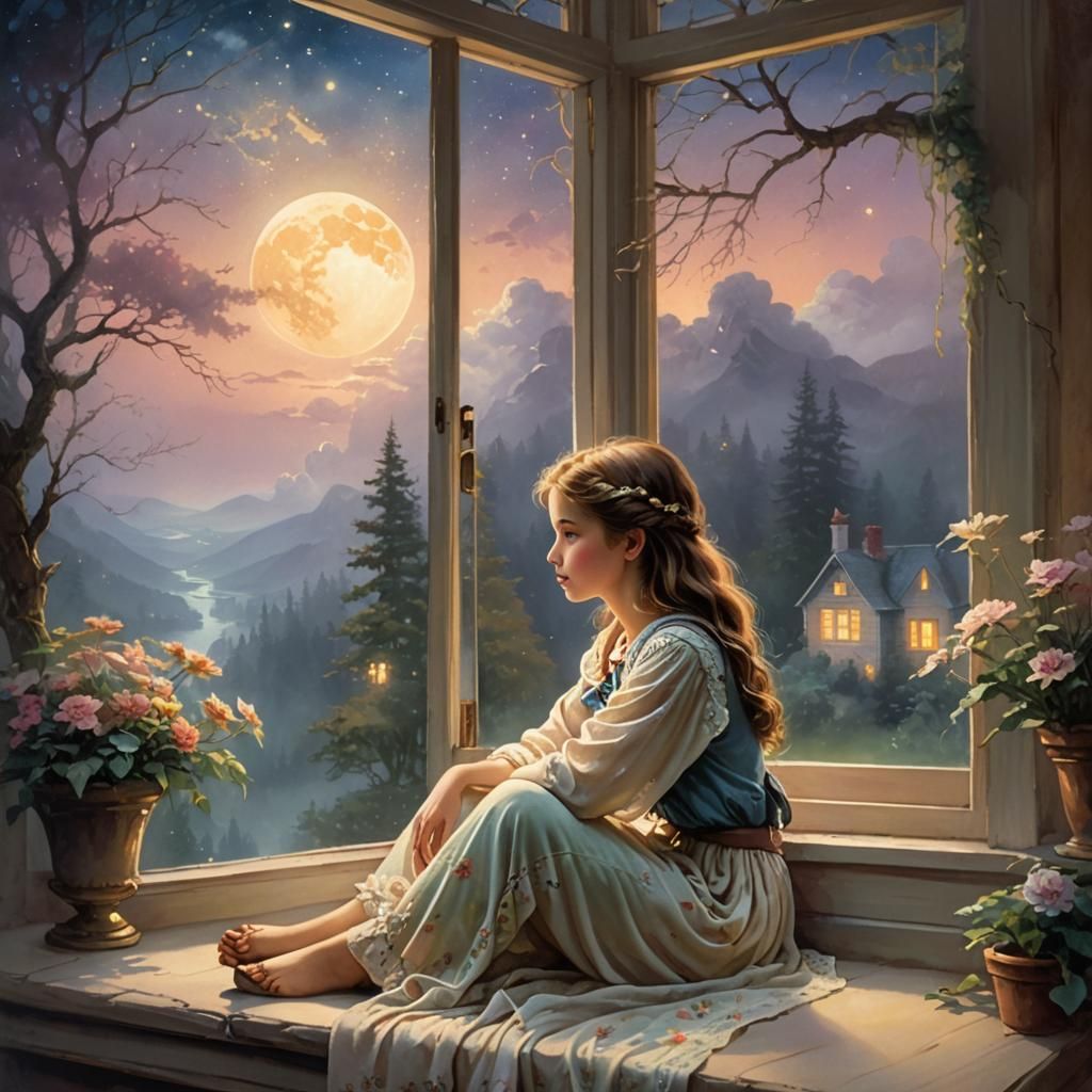Dreamy Moonlit Window Scene in Watercolor Style