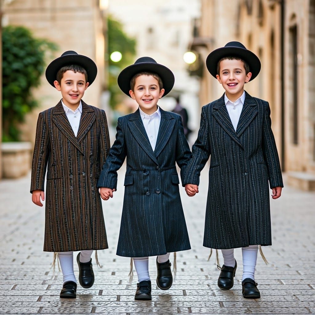 Joyful Chassidic Children Walk Down Jerusalem Street in Vibr...