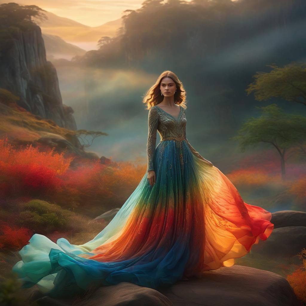 Ethereal Woman in Vibrant Art Deco Landscape