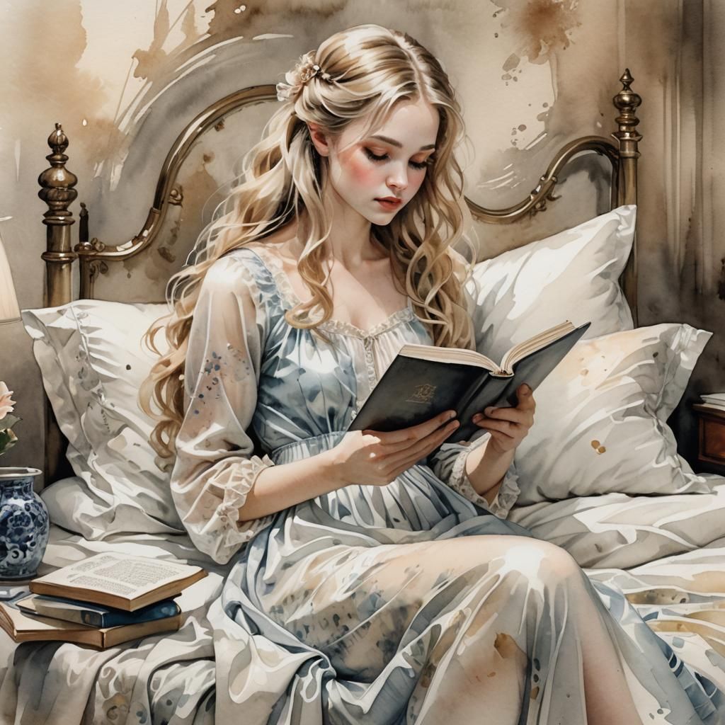 A stunning porcelain-like young girl 

reading on her bed. S...