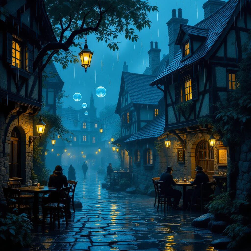 In dark tavern in aleway,raining night,shadows of yellow lights,yellow magic bubbles,old trees,shadows ...  by @CrazyMama
