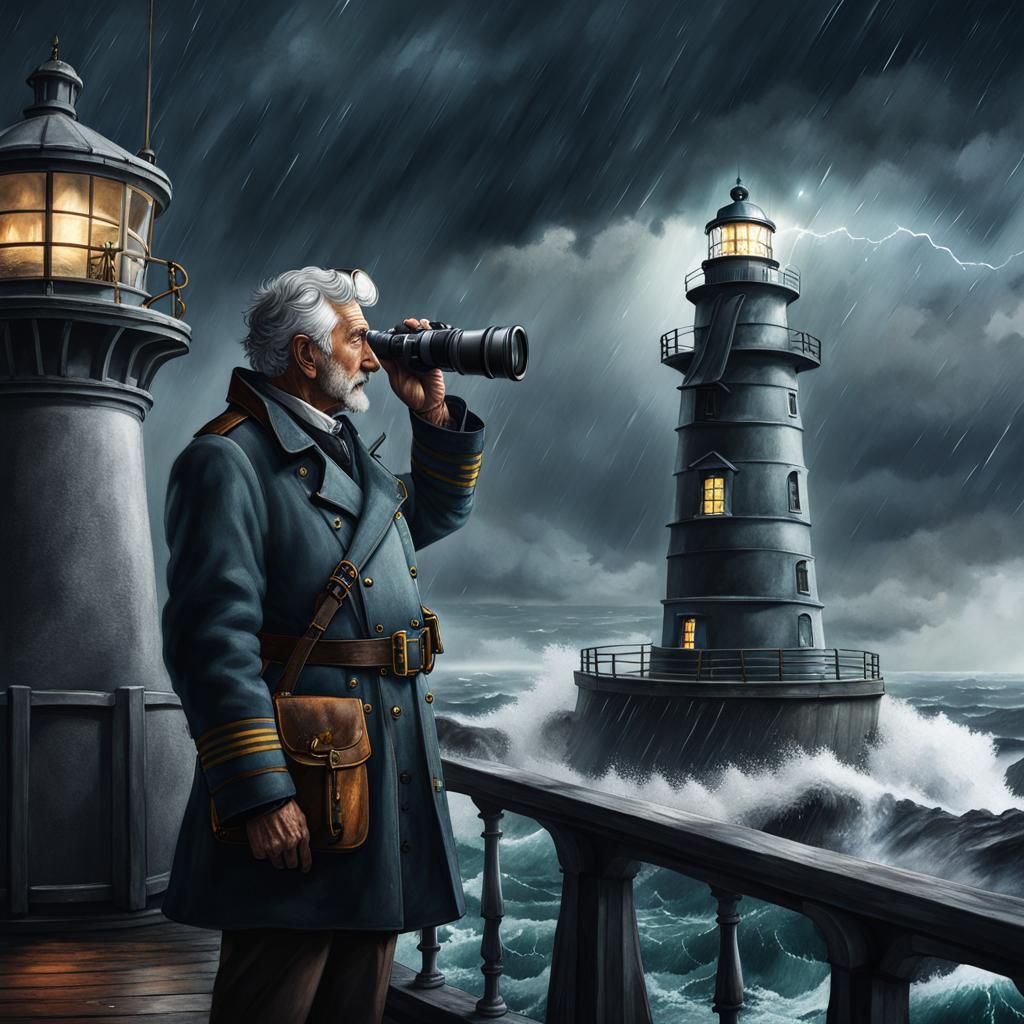 Dark and moody, (An old gray haired lighthouse keeper with b...