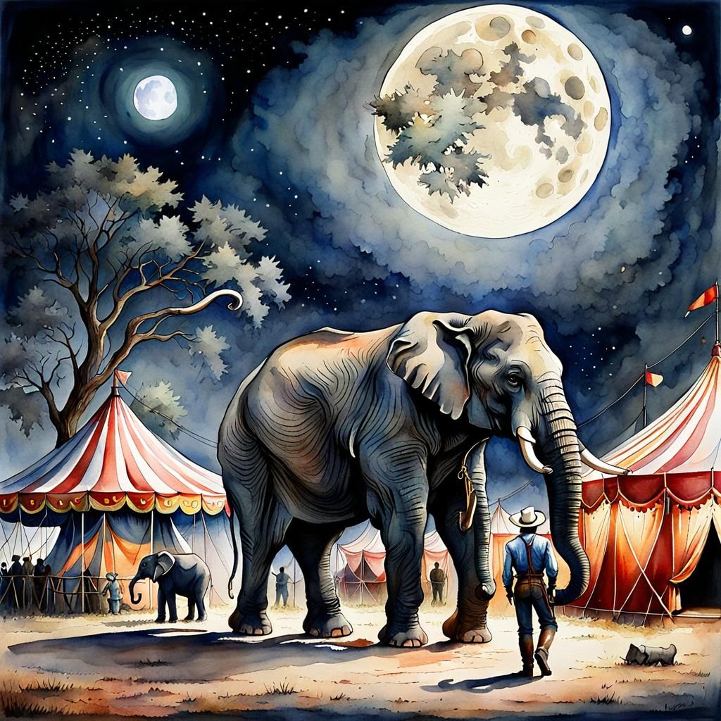 A lone cowboy and an elephant stand outside a circus tent in the light of a full moon detailed painting ...  by @Lynn Kopelke