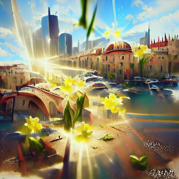 Spring in a beautiful city sunshine rays 