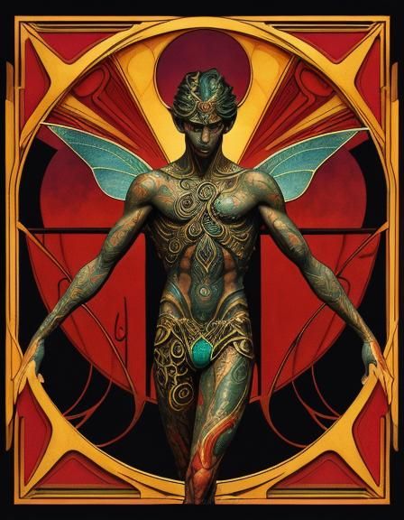 young short male fairy, shirtless ecopunk, tanned skin, dominant position, shining in the darkness of the last hours of the night