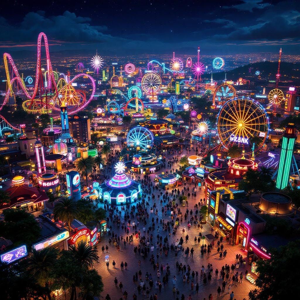 bird's-eye view of a sprawling amusement park at night.   by @Didier B