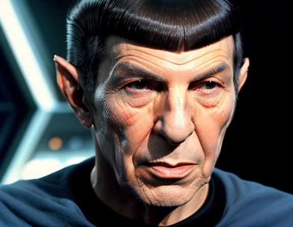 Close up portrait of (Young:1.3) (Leonard Nimoy:1.3) at 36 years old in 1967 as Spock in Blue science ...  by @That cinema teacher