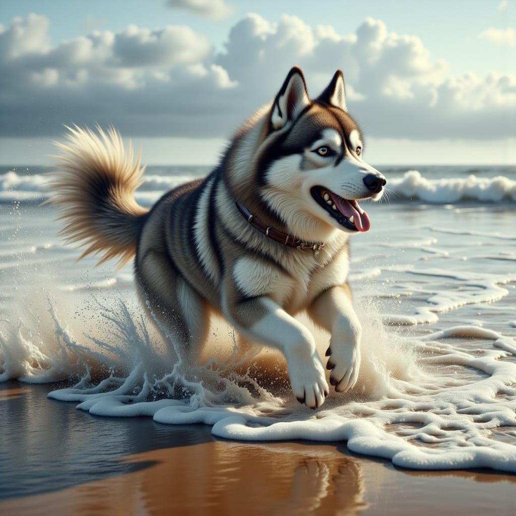 Siberian Husky Playing At The Beach