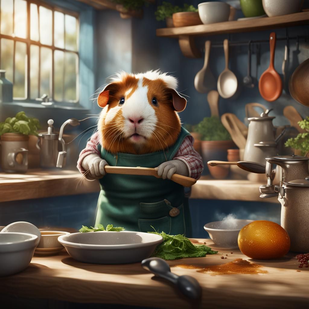 guinea pig in an apron cleaning the dishes