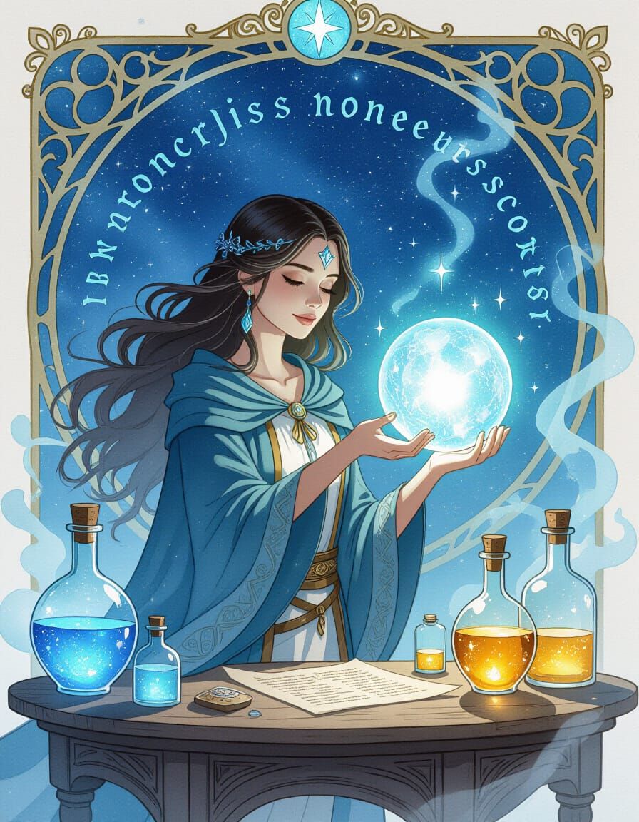 mystical moonlight sorceress standing by her alchemy table under a starry night sky, holding a glowing silver-blue orb that radiates soft lu...