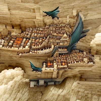 A city made of stone and wood on the edge of a dried out oce...