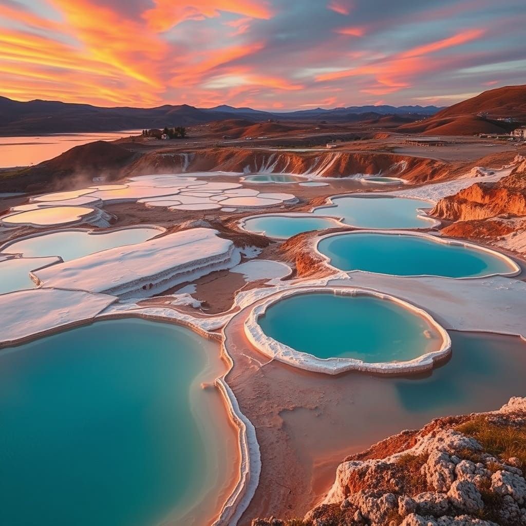 Turquoise Thermal Pools at Sunset in Hyper-Realism