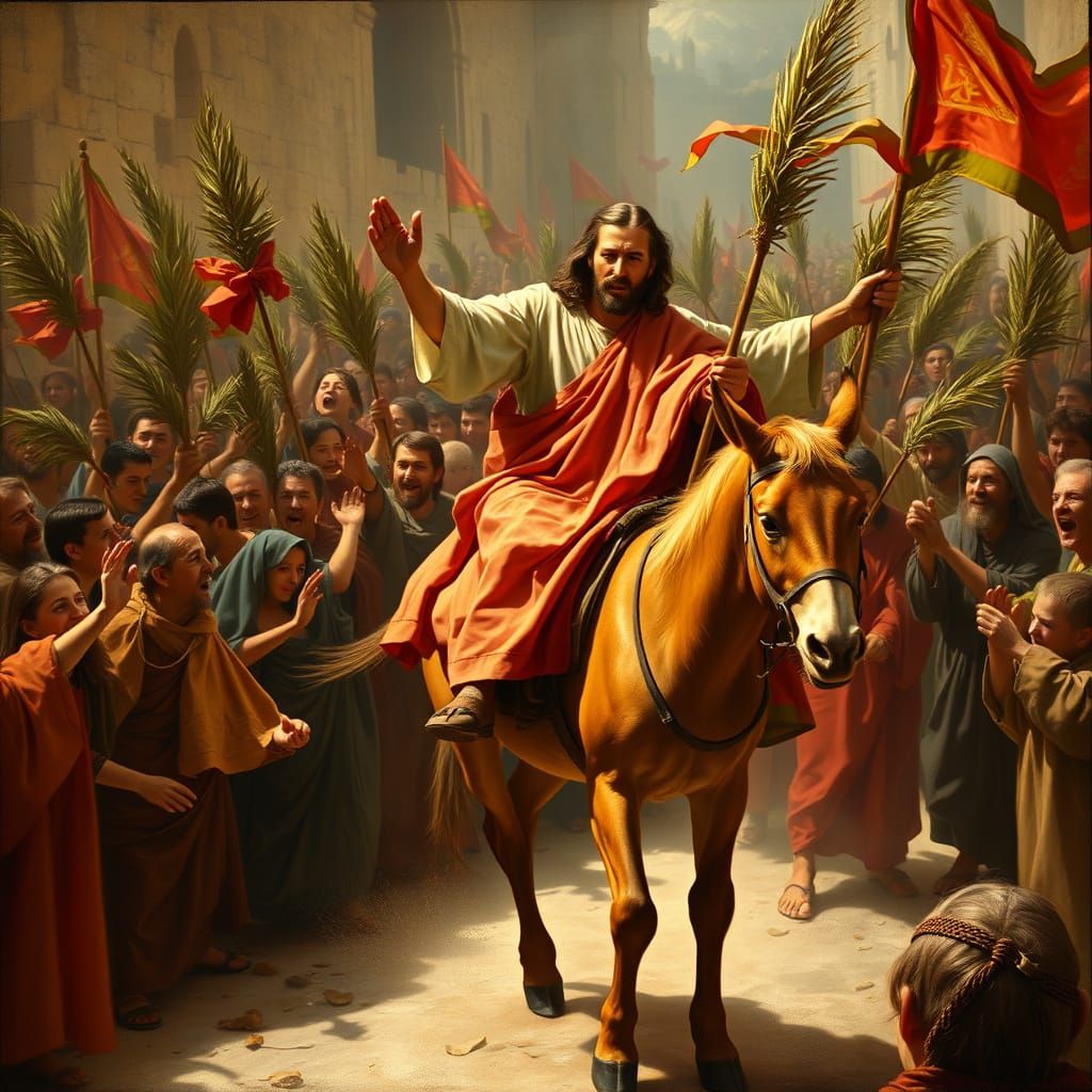 Jesus on Palm Sunday, riding into Jeruselem on a donkey, crowds going wild at the sight of Him  by @CorgiKid