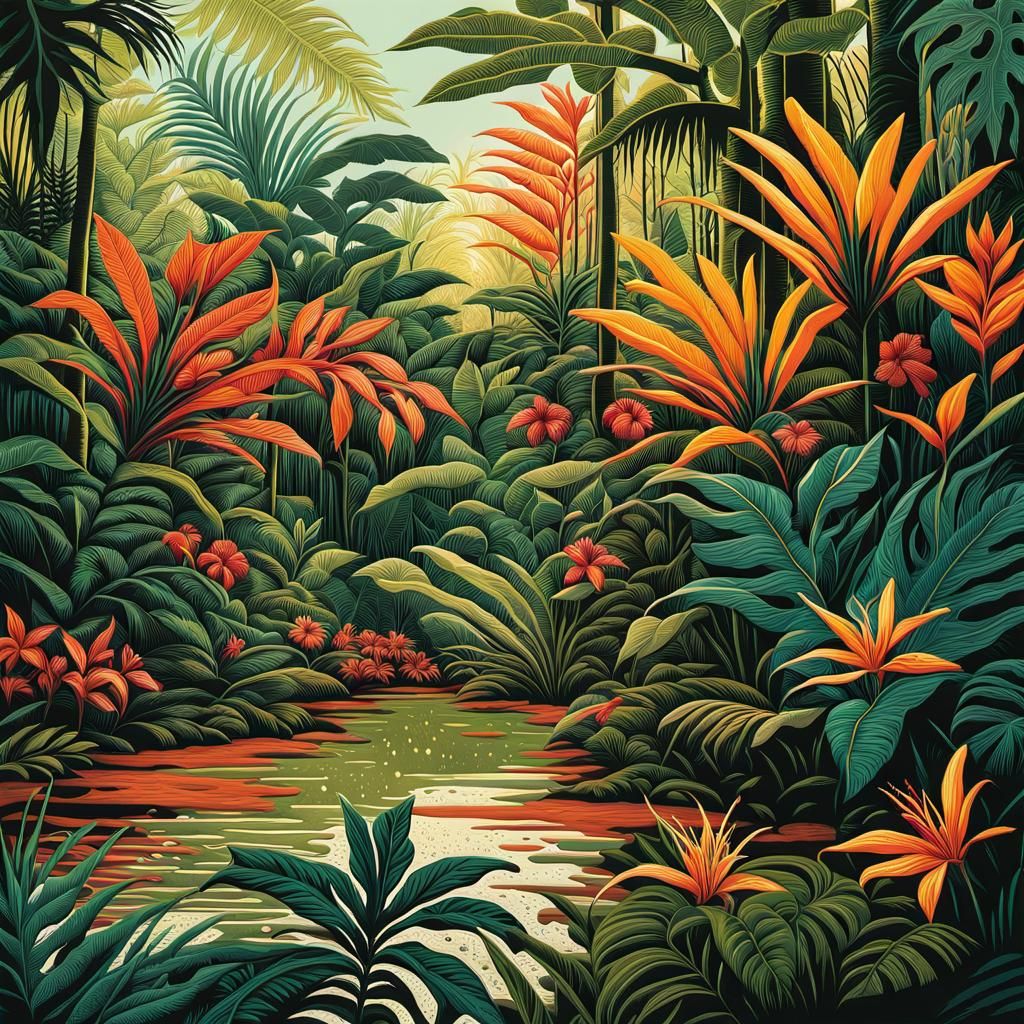 Lush Amazon Rainforest in Linocut Style